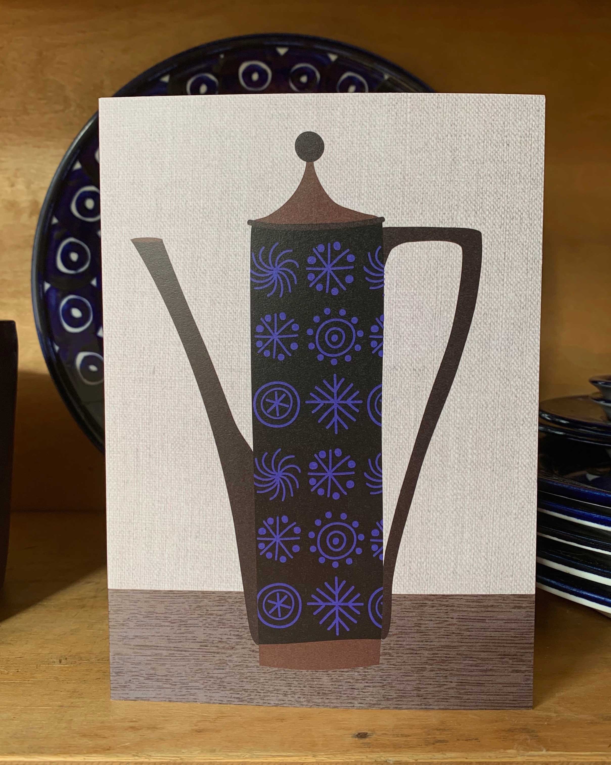 a card with a illustration of a mid century tea pot