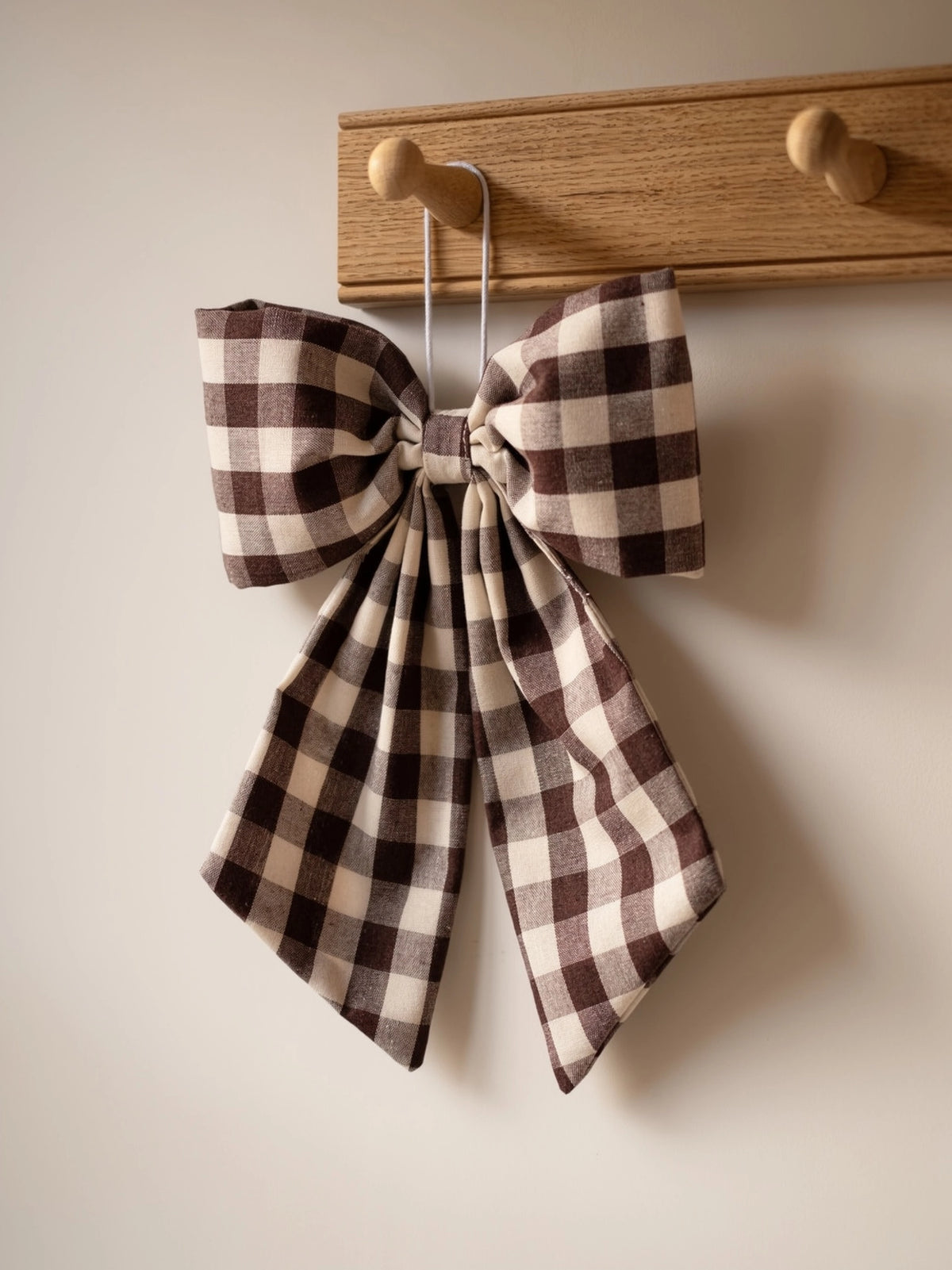 Handmade Cream and Brown Gingham Hanging Bow
