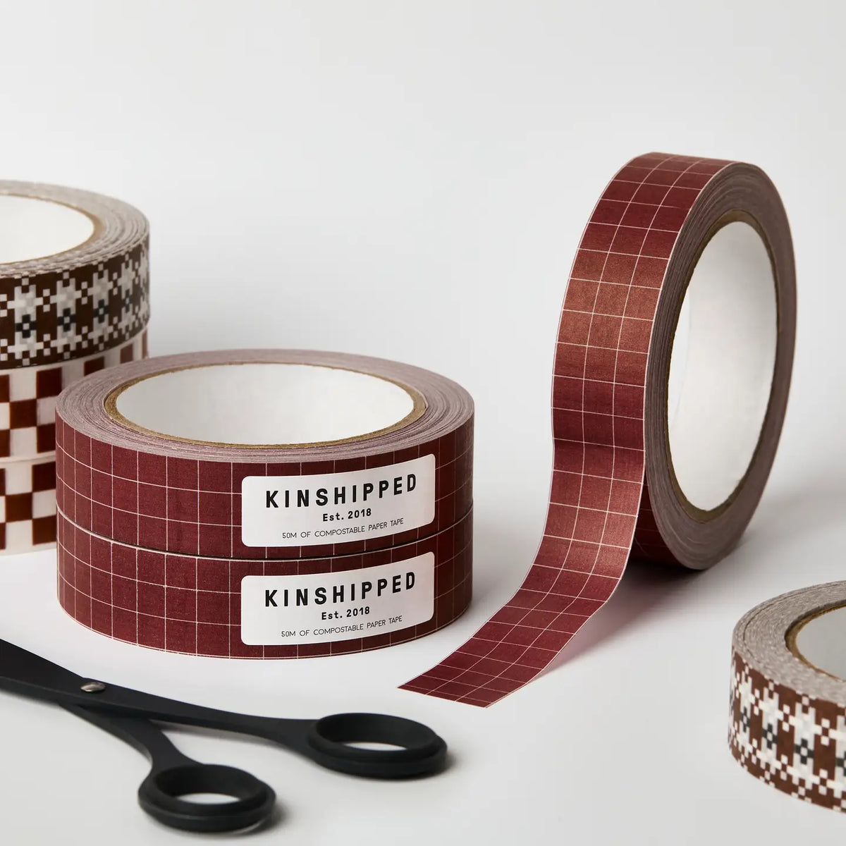 Kinshipped Paper Tape - Burgundy/Russet Grid